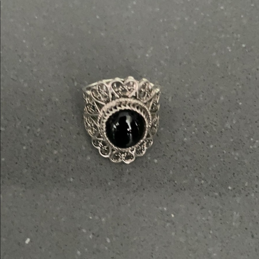 black Onyx filigree sterling silver ring